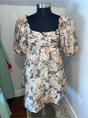 NWT Sofie the Label Floral Smocked Puff-Sleeve Mini Dress in Cream and Sage